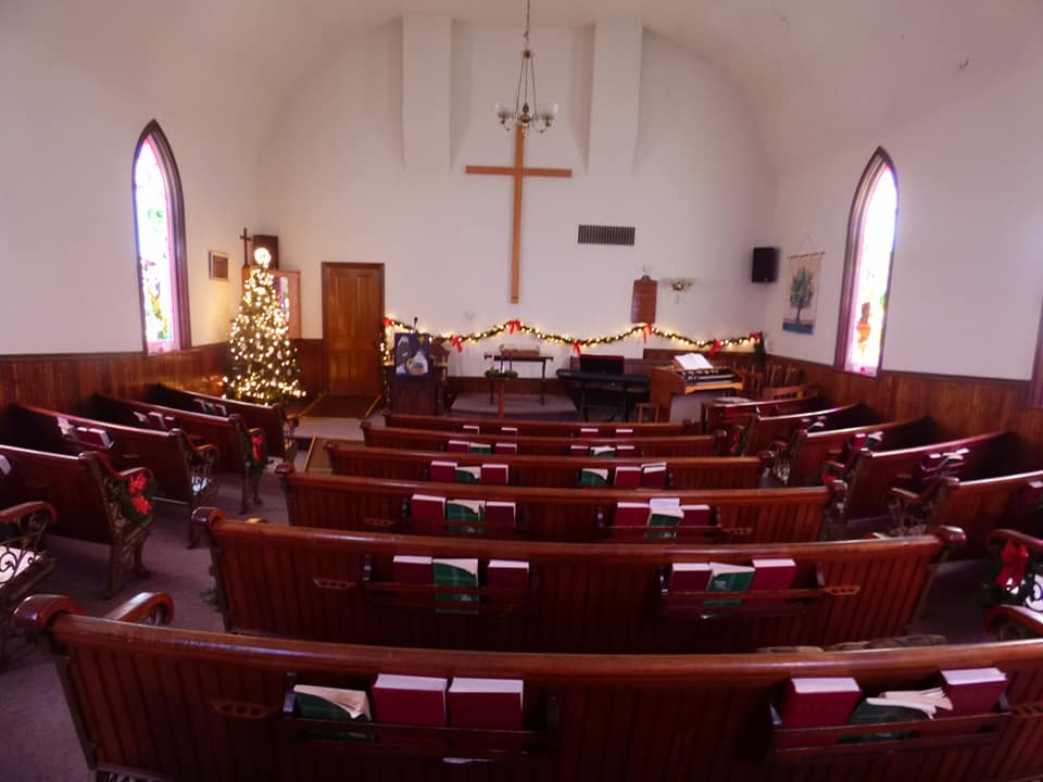 Interior of Cherryfield Baptist Church sanctuary during Sunday worship